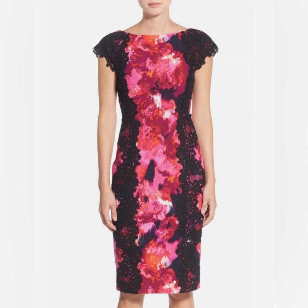 Maggy London dress size 2 petite pink & black lace crepe sheath dress 🖤🩷